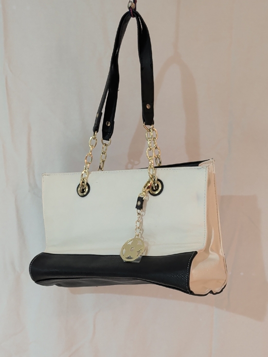 Handbags - Chic Two-Tone Black & Cream Tote Bag with Gold Chain Accents